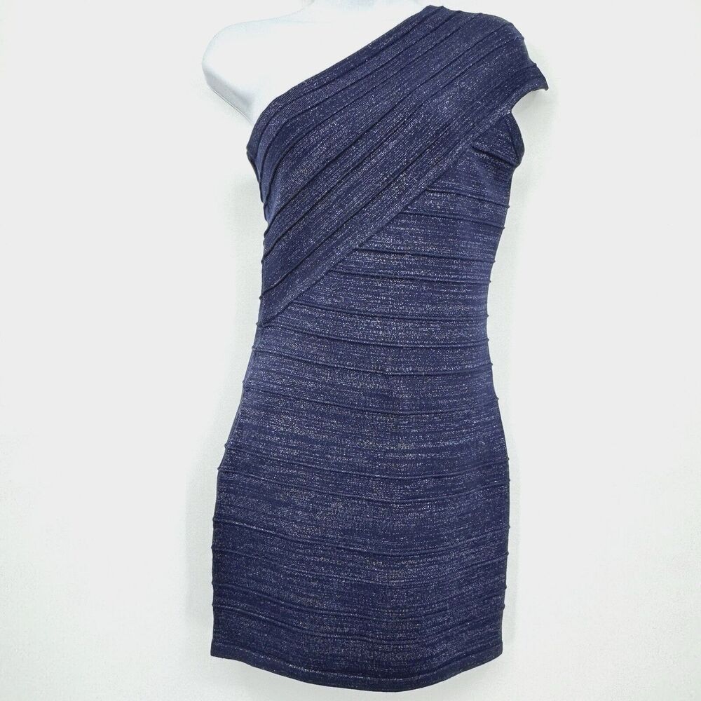 Foreign Exchange One Shoulder Bandage Mini Dress Womens M Navy Shimmer Bodycon